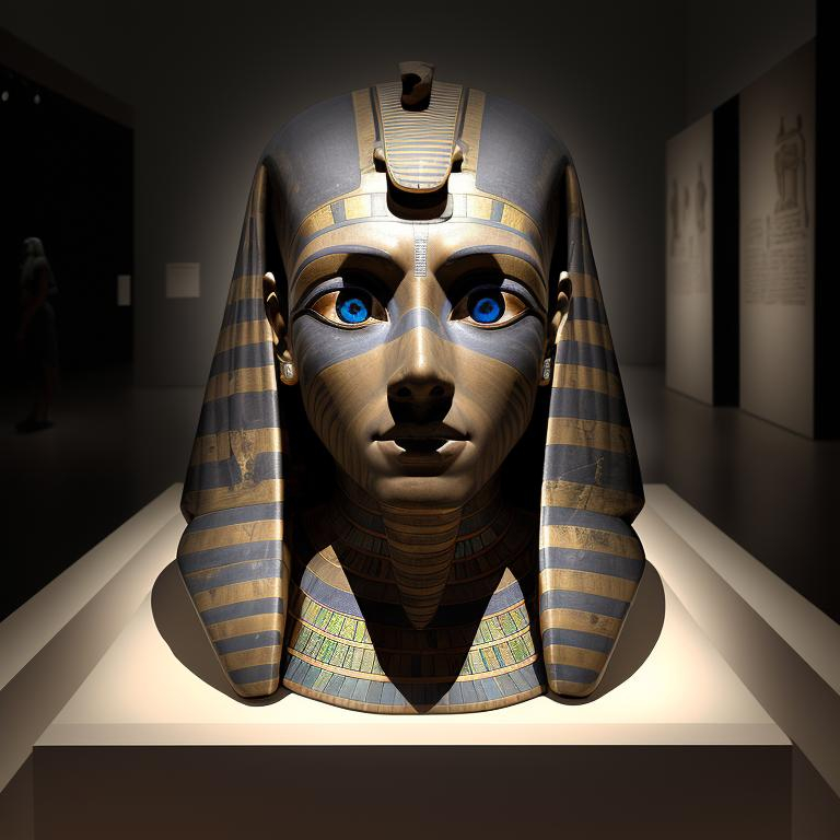 Prompt: An ancient Egyptian mummy in a modern museum display has suddenly come alive & sat up in its sarcophagus, then turned to stare ominously with deep-set, glowing, multi-colored eyes.