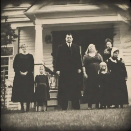 Prompt: A shadow-person caught lurking behind family members in a photograph.