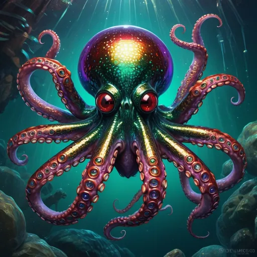 Prompt: An octopus-spider hybrid creature with sharp-teethed mouths on the end of its tentacles in tropical waters. Deep acrylic sparkling metallic emerald gold blue purple & red, steampunk, 3D shading, full body, dark fantasy! cosmic iridescent, high contrast, art deco, colorful polychromatic, explosive, intricate details, 8k resolution holographic astral cosmic illustration mixed media by Pablo Amaringo oil gouache, dynamic lighting! ultra quality, CGSociety