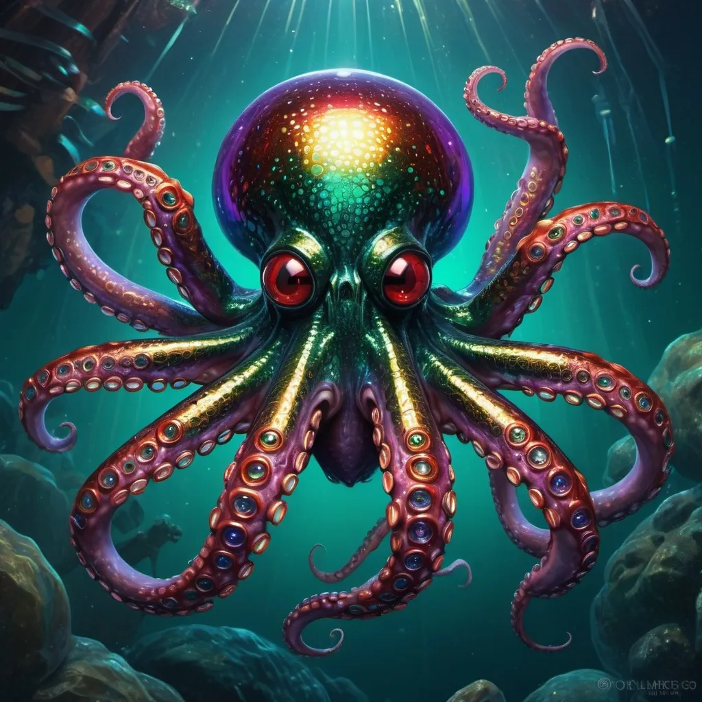 Prompt: An octopus-spider hybrid creature with sharp-teethed mouths on the end of its tentacles in tropical waters. Deep acrylic sparkling metallic emerald gold blue purple & red, steampunk, 3D shading, full body, dark fantasy! cosmic iridescent, high contrast, art deco, colorful polychromatic, explosive, intricate details, 8k resolution holographic astral cosmic illustration mixed media by Pablo Amaringo oil gouache, dynamic lighting! ultra quality, CGSociety