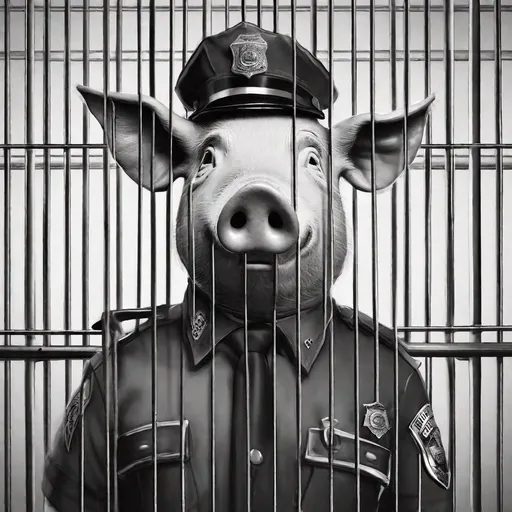 Prompt: A sad looking, zombfiede humanoid pig-police officer in
uniform with badge & police hat, behind bars in prison.
Black & white image.