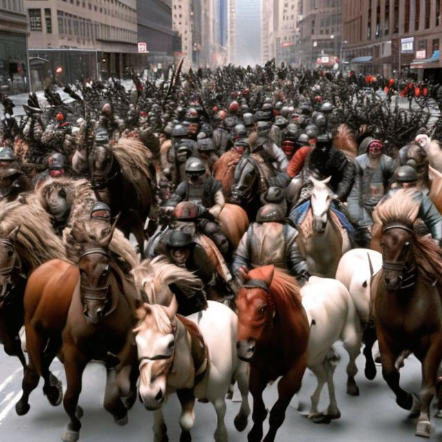 Prompt: Ghengis Kahn & his hoards are riding their horses through downtown New York, attacking stunned New Yorkers who are gawking at them.