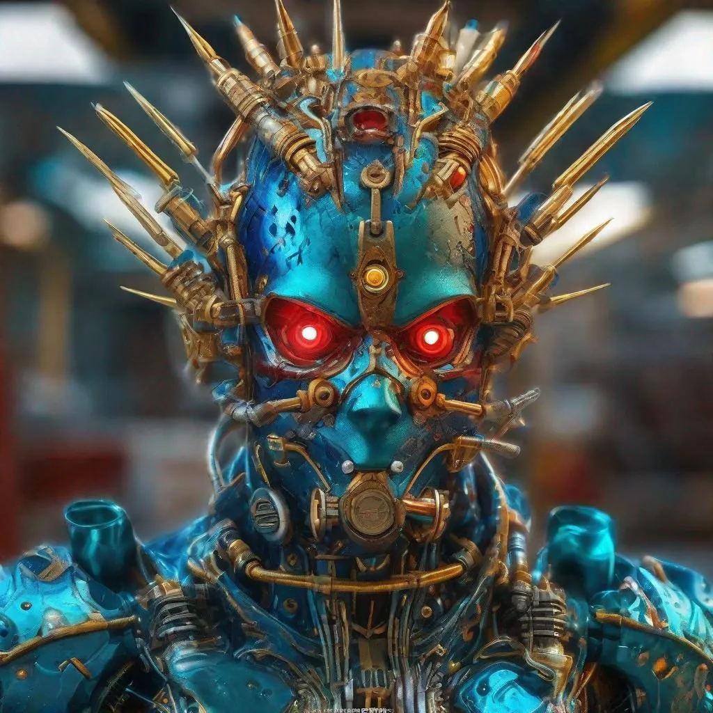 Prompt: CoVid humanoid supervillian with metallic teal base colored armor spotted with cobalt blue rings & bristling with red spike-protein like techno-interface connectors, & a mowhawk of gold & chrome hair-like hydraulic tubes on head.  Steampunk. intricate details, HDR, colorful polychromatic, beautifully shot, hyperrealistic, sharp focus, 64 megapixels, perfect composition, high contrast, cinematic, atmospheric, moody Professional photography, natural lighting, canon lens, shot on dslr 64 megapixels, color depth, dramatic, colorful background, high contrast, ultra detailed, ultra quality, a masterpiece, 8k resolution, hyperdetailed, volumetric lighting