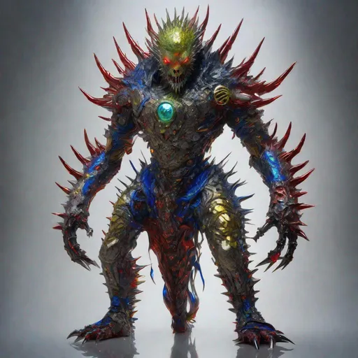 Prompt: Full body view of CoVid humanoid supervillian with iridescent scaly head & facial skin, molten-gold eyes & rows of needle-like blood red spikes of head hair & needle-sharp chrome teeth, gunmetal grey scale-textured torso armor spotted with cobalt blue colored rings outlined in chartreuse, & no legs, instead his lower half is a ball capable of rolling him in any direction & is identical to the covid 19 virus medium-grey colored with metallic red spike-proteins serving as treads. Steampunk. intricate details, HDR, colorful polychromatic, beautifully shot, hyperrealistic, sharp focus, 64 megapixels, perfect composition, high contrast Professional photography, natural lighting, canon lens, shot on dslr 64 megapixels, color depth, dramatic, high contrast, ultra detailed, ultra quality, a masterpiece, 8k resolution, hyperdetailed, volumetric lighting