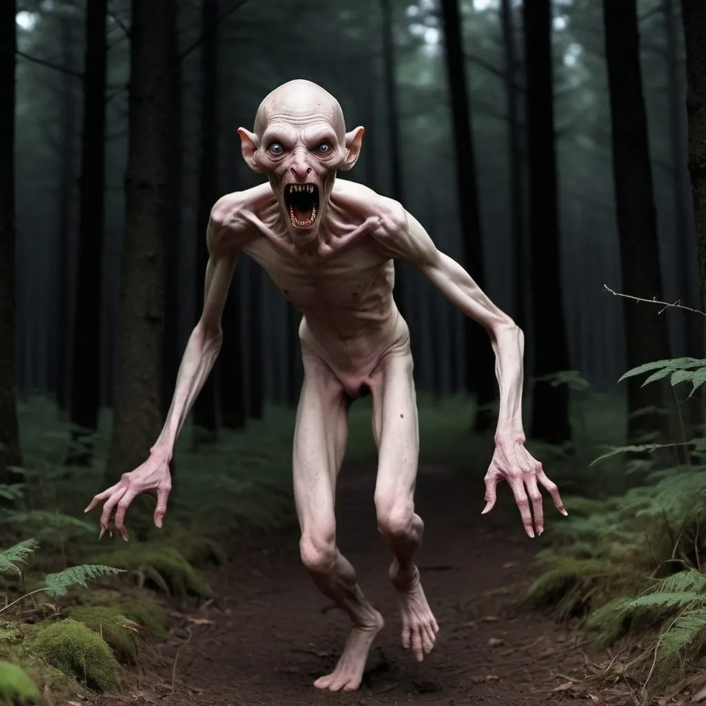 Prompt: Imagine a hairless, pale, long-limbed humanoid creature with a terrifying face and a mouth filled with teeth. This chilling creature is captured sprinting headlong towards a trail camera located deep in an isolated forest in the pitch black of night. This single, haunting picture is impeccably clear, lit solely by the infrared light of the camera. The photo is captured straight on from a 40 yards distance, the professional quality image exemplifying strong attention to detail. The use of a high-end compact digital camera ensures 64-megapixel resolution, providing a sharp focus, while natural lighting and the effects of bokeh are expertly achieved through a high-quality lens.