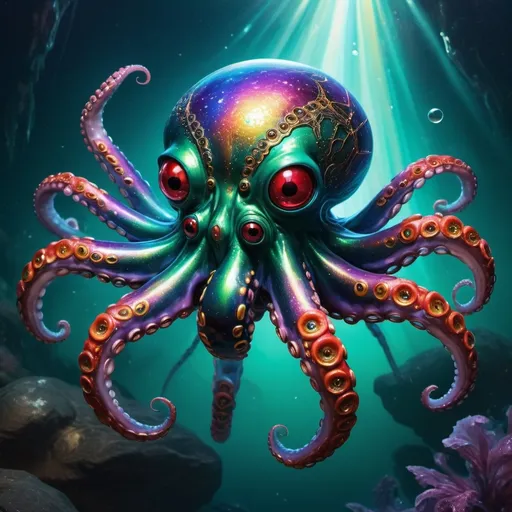 Prompt: An octopus-spider hybrid creature with sharp-teethed mouths on the end of its tentacles in tropical waters. Deep acrylic sparkling metallic emerald gold blue purple & red, steampunk, 3D shading, full body, dark fantasy! cosmic iridescent, high contrast, art deco, colorful polychromatic, explosive, intricate details, 8k resolution holographic astral cosmic illustration mixed media by Pablo Amaringo oil gouache, dynamic lighting! ultra quality, CGSociety