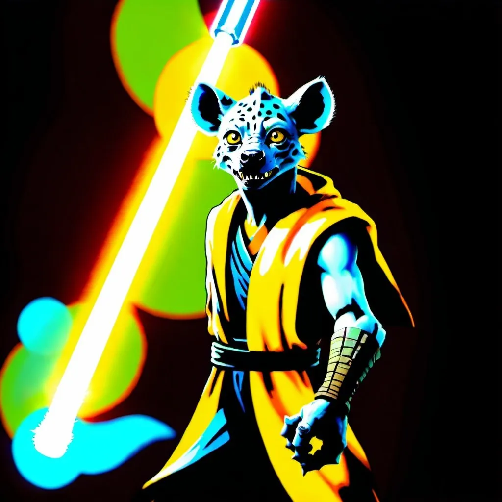 Prompt: A jedi that is a reptilian-hyena hybrid creature holding an yellow-orange lightsaber. Cinematic film still, 