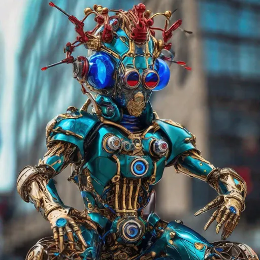 Prompt: CoVid humanoid supervillian with metallic teal base colored armor spotted with cobalt blue rings & bristling with red spike-protein like techno-interface connectors, & gold chrome hair-like hydraulic tubes on head, & all chrome accessories, weapons, & tools like grapple hook. Steampunk. intricate details, HDR, colorful polychromatic, beautifully shot, hyperrealistic, sharp focus, 64 megapixels, perfect composition, high contrast, cinematic, atmospheric, moody Professional photography, natural lighting, canon lens, shot on dslr 64 megapixels, color depth, dramatic, colorful background, high contrast, ultra detailed, ultra quality, a masterpiece, 8k resolution, hyperdetailed, volumetric lighting