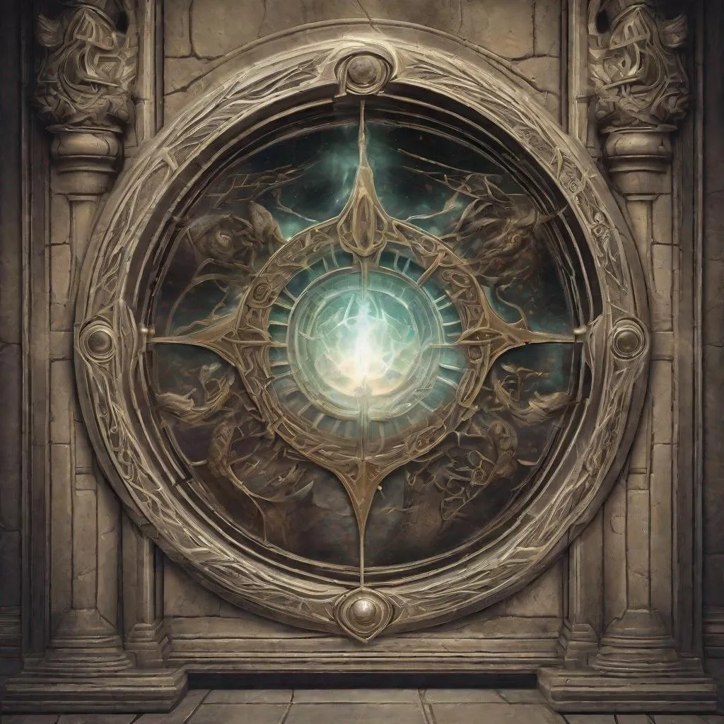 Prompt: An open portal window on the front of a magic shield through which the spirits of countless previously defeated enemies can be seen, hopelessly trapped for eternity.