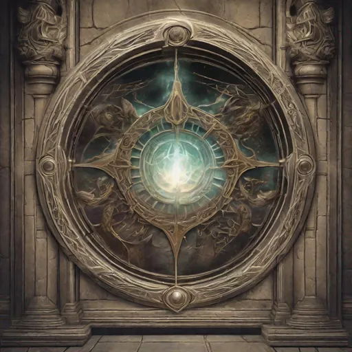 Prompt: An open portal window on the front of a magic shield through which the spirits of countless previously defeated enemies can be seen, hopelessly trapped for eternity.