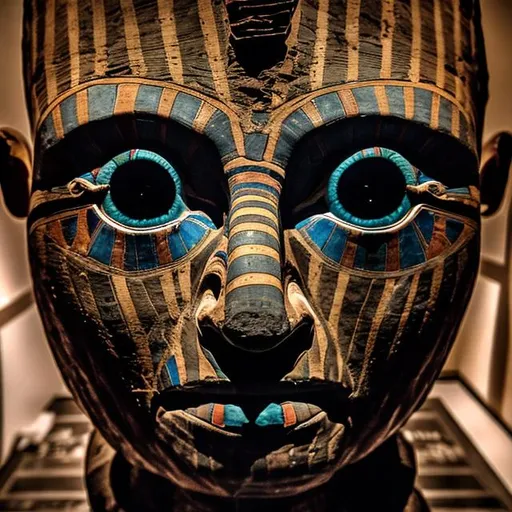 Prompt: A tour group of visitors in a modern museum is shocked & terrified. An ancient Egyptian mummy they're looking at has suddenly come alive & sat up in its sarcophagus. The mummy then turned to stare  ominously at them with deep-set, glowing, multi-colored eyes.