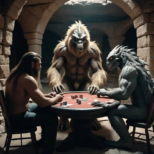 Prompt: El chupacabra, a sasquatch, a dragon & a gray alien play poker together in the ruins of an ancient megolithic structure. Cinematic film still, shot on v-raptor XL, film grain, vignette, color graded, post-processed, cinematic lighting, 35mm film, live-action, best quality, atmospheric, a masterpiece, epic, stunning, dramatic