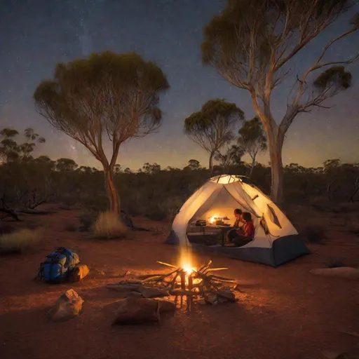 Prompt: A pair of living thylocenes shocks a family camping deep in the Western Australian wilderness. Photo realistic perfect magic hour lighting.