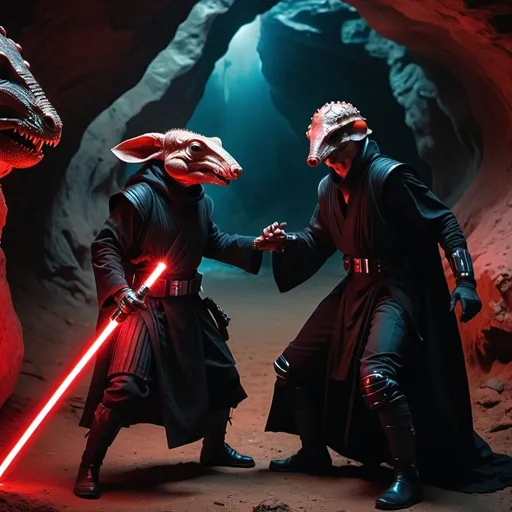 Prompt: A bipedal armadillo dark jedi sith weilding a bright-red bladed lightsaber while in a lightsaber training battle exercise against his younger, red-skinned reptilian apprentice who's weilding a blood-red bladed lightsaber. Both wear black robes over black leather bodysuits. The red-skinned apprentice has short, sharp horns on his head, sharp teeth, & sinister black tatoos on his head & face. Background is large underground cavern. Cinematic film still, shot on v-raptor XL, film grain, vignette, color graded, post-processed, cinematic lighting, 35mm film, live-action, best quality, atmospheric, a masterpiece, epic, stunning, dramatic intricate details, HDR, beautifully shot, hyperrealistic, sharp focus, 64 megapixels, perfect composition, high contrast, cinematic, atmospheric, moody thunderstorm psychedelic holographic steampunk triadic colors vorticism