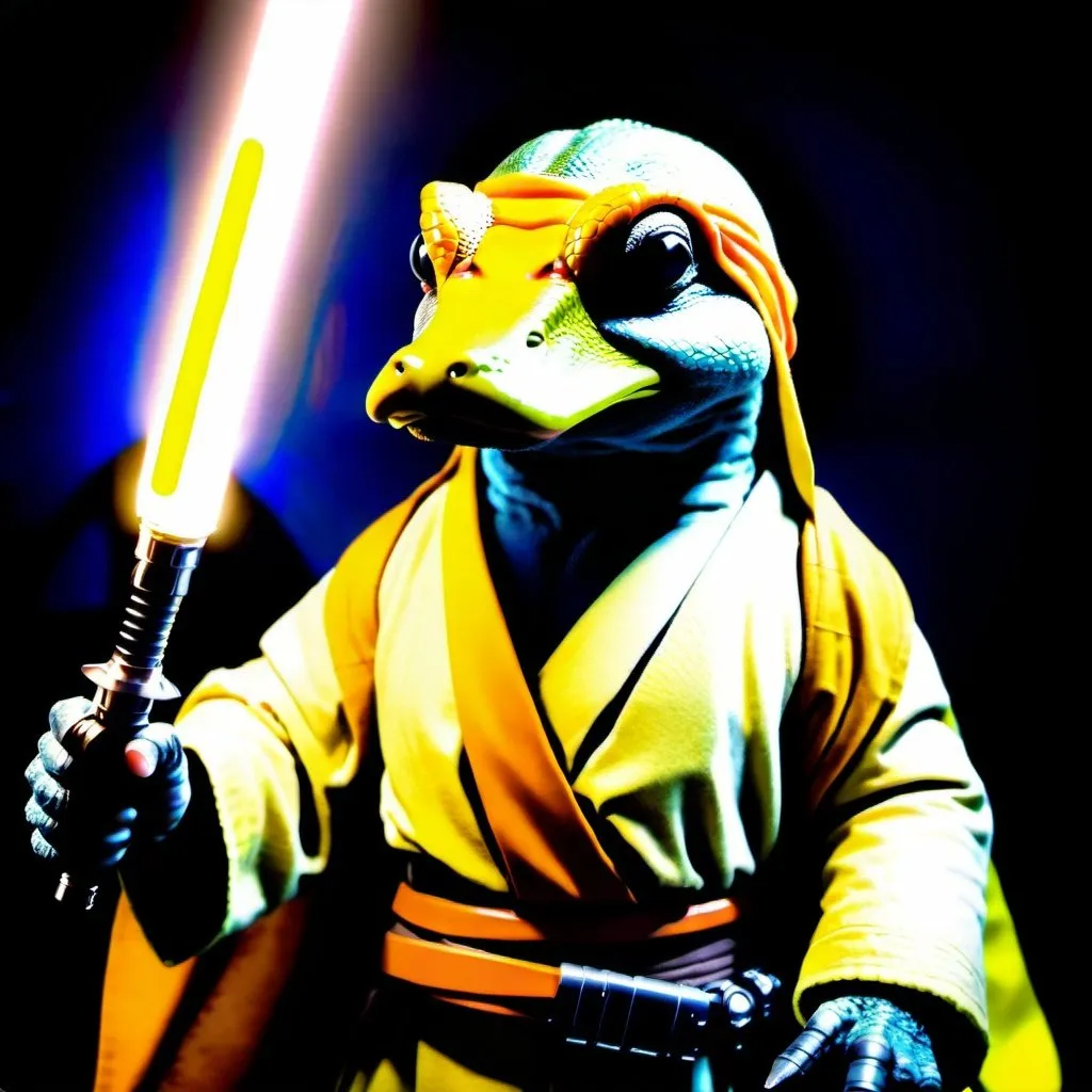 Prompt: A jedi that is a reptilian-platypus hybrid creature holding an yellow-orange lightsaber.  HDR, beautifully shot, hyperrealistic, sharp focus, 64 megapixels, perfect composition, high contrast, cinematic, atmospheric, moody