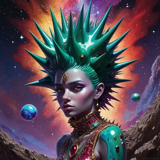 Prompt: The figure of a spiky hair-covered djinn rises & forms from an oil-slick puddle on the ground under a fantastic starscape on an entirely quartz planet. Deep acrylic sparkling metallic emerald gold blue purple & red, 3D shading, full body, dark fantasy! Treasure chests, luck, cosmic iridescent, high contrast, art deco, colorful polychromatic, explosive, intricate details, 8k resolution holographic astral cosmic illustration mixed media by Pablo Amaringo oil gouache, dynamic lighting! ultra quality, CGSociety