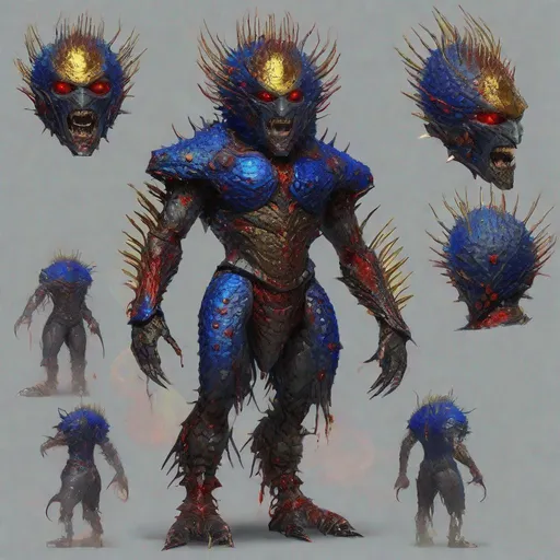 Prompt: CoVid humanoid supervillian with iridescent scaly head & facial skin, molten-gold eyes & rows of needle-like blood red spikes of head hair & needle-sharp chrome teeth, gunmetal grey scale-textured torso armor spotted with cobalt blue colored rings outlined in chartreuse, & instead of legs his lower half is a ball capable of rolling him in any direction & is identical to the covid 19 virus medium-grey colored with metallic red spike-proteins serving as treads. Steampunk. intricate details, HDR, colorful polychromatic, beautifully shot, hyperrealistic, sharp focus, 64 megapixels, perfect composition, high contrast Professional photography, natural lighting, canon lens, shot on dslr 64 megapixels, color depth, dramatic, high contrast, ultra detailed, ultra quality, a masterpiece, 8k resolution, hyperdetailed, volumetric lighting