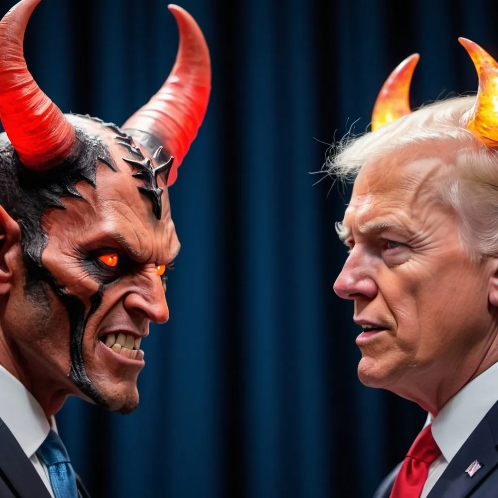 Prompt: Both of the presidential candidates are actually demons with horns & glowing eyes. Both of them. Professional photography, bokeh, natural lighting, canon lens, shot on dslr 64 megapixels sharp focus