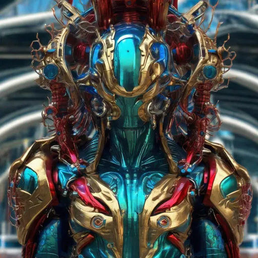 Prompt: CoVid humanoid supervillian with metallic teal base colored armor spotted with cobalt blue rings & bristling with red spike-protein shaped techno-interface connectors, & taller finer red spike-protein head hair, & all chrome glass & gold & matching portal pillars. Steampunk. intricate details, HDR, colorful polychromatic, beautifully shot, hyperrealistic, sharp focus, 64 megapixels, perfect composition, high contrast Professional photography, natural lighting, canon lens, shot on dslr 64 megapixels, color depth, dramatic, colorful background, high contrast, ultra detailed, ultra quality, a masterpiece, 8k resolution, hyperdetailed, volumetric lighting