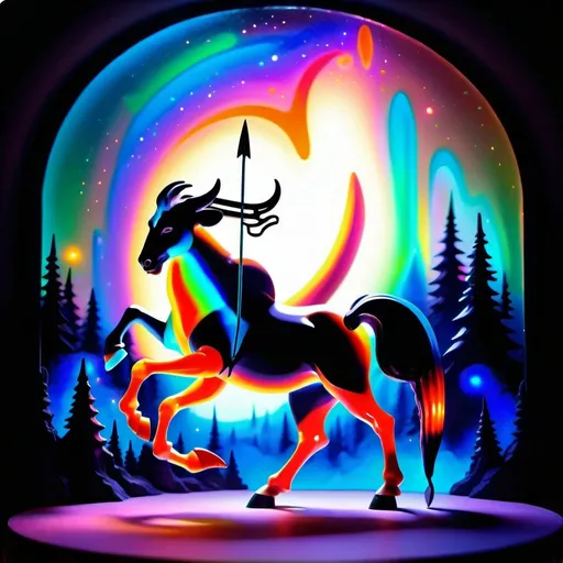 Prompt: Magic smoke forms into the shape of a full-body centaur creature with a bow & arrow in a magical forest setting. Iridescent acrylic, 3D shading, dark fantasy! iridescent, high astral cosmic illustration mixed media, oil gouache, acrylic, high contrast, colorful polychromatic, ultra detailed, art deco, colorful polychromatic, intricate details, 8k resolution holographic astral cosmic illustration mixed media dynamic lighting! super colorful polychromatic, ultra quality, CGSociety