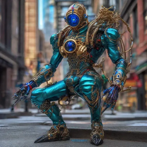 Prompt: CoVid humanoid supervillian with metallic teal base colored armor spotted with black-outlined cobalt blue rings mixed with protruding short metallic red spike-protein like connectors & longer thinner spike-protein-hair, & all chrome glass & gold accessories, weapons, & tools including grapple hook. Steampunk. intricate details, HDR, colorful polychromatic, beautifully shot, hyperrealistic, sharp focus, 64 megapixels, perfect composition, high contrast Professional photography, natural lighting, canon lens, shot on dslr 64 megapixels, color depth, dramatic, high contrast, ultra detailed, ultra quality, a masterpiece, 8k resolution, hyperdetailed, volumetric lighting