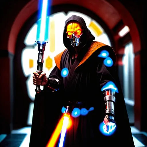 Prompt: A sith master that is a horrifying gray-skinned large mouthed cyborg creature with glowing yellow eyes in a black robe holding a single full length lightsaber-lazersword in one hand & he has the other hand extended towards the camera. The lightsaber should have an iridescent red-yellow-orange blade, & a smooth, claw-shaped obsidian handle. He should be wearing inky black leather & cloth robes. Cinematic film still, shot on v-raptor XL, film grain, vignette, color graded, post-processed, cinematic lighting, 35mm film, live-action, best quality, atmospheric, a masterpiece, epic, stunning, dramatic intricate details, HDR, beautifully shot, hyperrealistic, sharp focus, 64 megapixels, perfect composition, high contrast, cinematic, atmospheric, moody