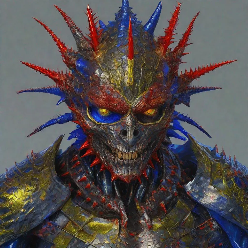 Prompt: CoVid humanoid supervillian with iridescent scaly head & facial skin, six halfmoon molten-gold eyes encircling his skull, rows of needle-like blood red spikes of head hair, & needle-sharp chrome teeth, gunmetal grey scale-textured torso armor spotted with cobalt blue colored rings outlined in chartreuse, & instead of legs his lower half is a ball capable of rolling him in any direction & is identical to the covid 19 virus medium-grey colored with metallic red spike-proteins serving as treads. Steampunk. intricate details, HDR, colorful polychromatic, beautifully shot, hyperrealistic, sharp focus, 64 megapixels, perfect composition, high contrast Professional photography, natural lighting, canon lens, shot on dslr 64 megapixels, color depth, dramatic, high contrast, ultra detailed, ultra quality, a masterpiece, 8k resolution, hyperdetailed, volumetric lighting