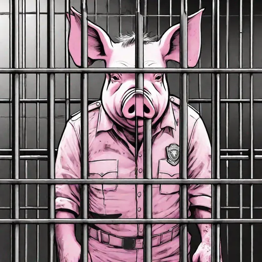 Prompt: A sad looking, pink-skinned, zombfiede humanoid pig-police officer in uniform behind bars in prison. Black & white