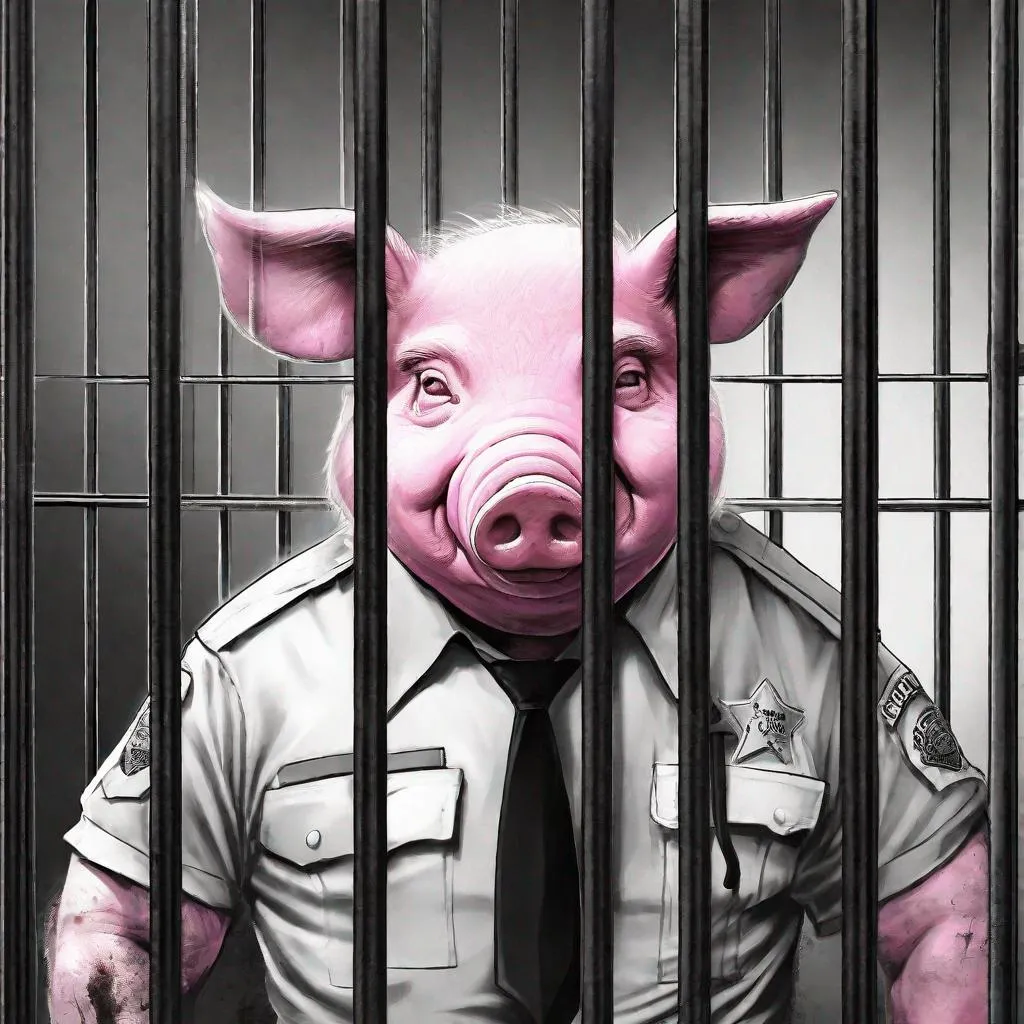 Prompt: A sad looking, pink-skinned, zombfiede humanoid pig-police officer in uniform behind bars in prison. Black & white