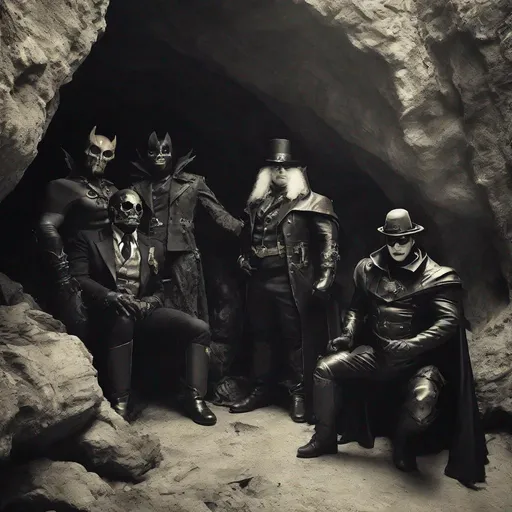 Prompt: Demonic League of Fallen Superheros, meeting in a cave. Steampunk. Photo reaistic with sinister overtone.