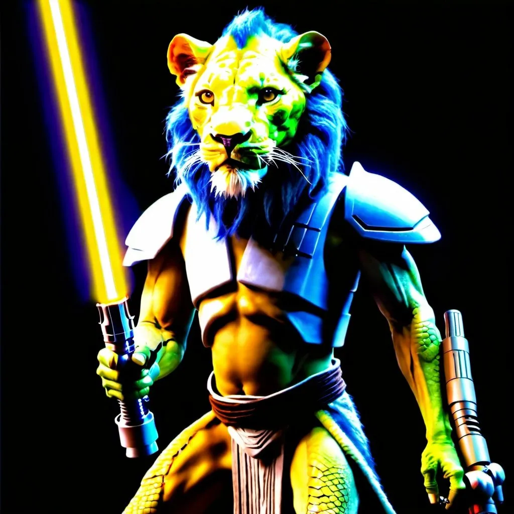 Prompt: A jedi that is a reptilian-lion cyborg hybrid creature holding an yellow-orange lightsaber.  A photo.