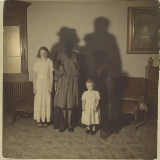 Prompt: A shadow-person caught lurking behind family members in a color photograph.