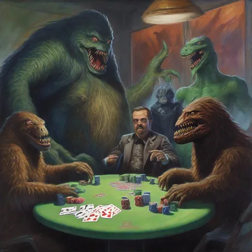 Prompt: A masterpiece color painting of poker game between a sasquatch, the lochness monster, a chupacabra, the mothman, & an alien.