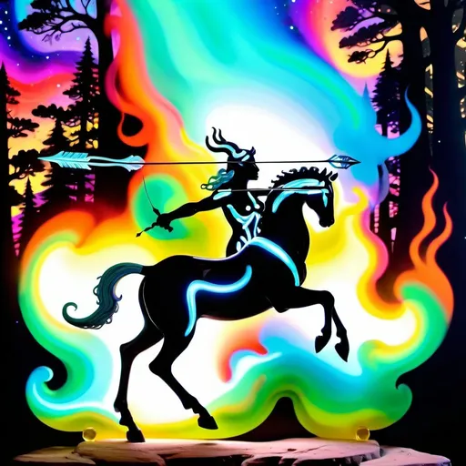 Prompt: Magic smoke coalesces into the shape of a full-body centaur creature with a bow & arrow in a magical forest setting. Iridescent acrylic, 3D shading, dark fantasy! iridescent, high astral cosmic illustration mixed media, oil gouache, acrylic, high contrast, colorful polychromatic, ultra detailed, art deco, colorful polychromatic, intricate details, 8k resolution holographic astral cosmic illustration mixed media dynamic lighting! super colorful polychromatic, ultra quality smoke forms into Greek centaur.