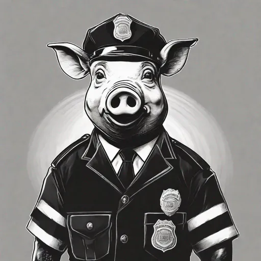 Prompt: A sad looking, zombfiede humanoid pig-police officer in
uniform with badge & police hat,
Black & white image.