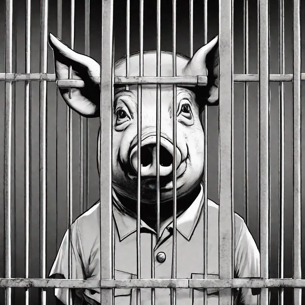 Prompt: A sad looking, zombfiede humanoid pig-police officer
uniform behind bars in prison.
Black & white image.