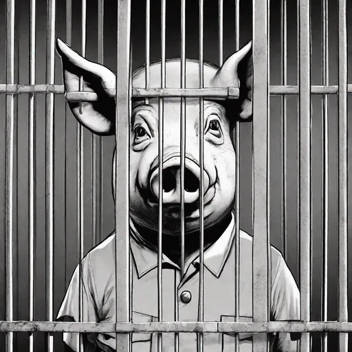 Prompt: A sad looking, zombfiede humanoid pig-police officer
uniform behind bars in prison.
Black & white image.