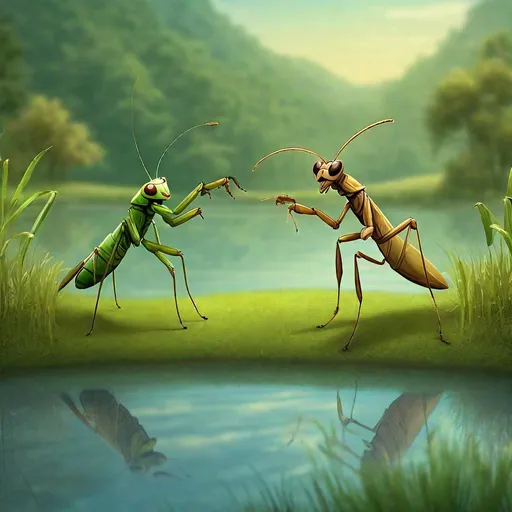 Prompt: A cricket & a praying mantis dance the lambada together beside a lake in a magical meadow.