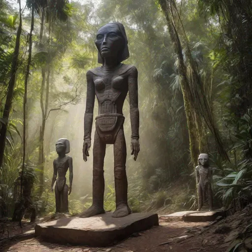 Prompt: Archeologists find 20 foot tall perfect statues of extraterrestrials in the South American jungle. Photo quality color perfect lighting 