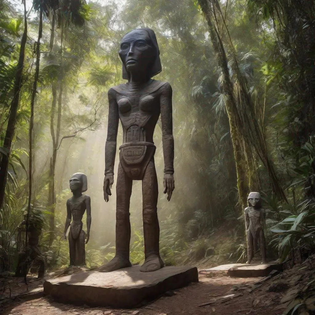 Prompt: Archeologists find 20 foot tall perfect statues of extraterrestrials in the South American jungle. Photo quality color perfect lighting 