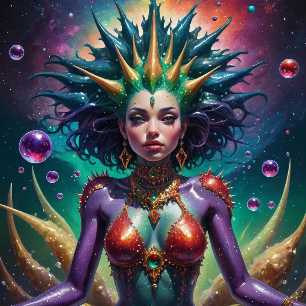 Prompt: The figure of an extremely beautiful, spiky hair-covered, female djinn rises & forms from an oil-slick puddle on the ground under a fantastic starscape. Deep acrylic sparkling metallic emerald gold blue purple & red, lightning bubbles, poisonous frog skin, obsidian orchids, cosmic iridescent, 3D psychedelic shading, full body image, dark fantasy!   high contrast, art deco, colorful polychromatic, explosive, intricate details, 8k resolution holographic astral cosmic illustration mixed media by Pablo Amaringo oil gouache, dynamic lighting! ultra quality, CGSociety