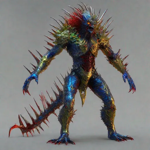 Prompt: Full body view of CoVid humanoid supervillian with iridescent scaly head & facial skin, molten-gold eyes & rows of needle-like blood red spikes of head hair & needle-sharp chrome teeth, gunmetal grey scale-textured torso armor spotted with cobalt blue colored rings outlined in chartreuse, & no legs, instead his lower half is a ball capable of rolling him in any direction & is identical to the covid 19 virus medium-grey colored with metallic red spike-proteins serving as treads. Steampunk. intricate details, HDR, colorful polychromatic, beautifully shot, hyperrealistic, sharp focus, 64 megapixels, perfect composition, high contrast Professional photography, natural lighting, canon lens, shot on dslr 64 megapixels, color depth, dramatic, high contrast, ultra detailed, ultra quality, a masterpiece, 8k resolution, hyperdetailed, volumetric lighting