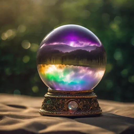 Prompt: A spectacular beachball-sized antique crystal ball with a thunderstorm & UFO inside of it & an iridescent gold, silver, copper, bronze & metallic purple & obsidian acrylic colored standing base on it, & green mists hanging in the air. Professional photography, bokeh, ultra quality, 8k resolution holographic astral cosmic, natural lighting, canon lens, shot on dslr 64 megapixels sharp focus intricate details, HDR, beautifully shot, hyperrealistic, sharp focus, 64 megapixels, perfect composition, high contrast, cinematic, atmospheric, acrylic, high contrast, colorful polychromatic, ultra detailed, 