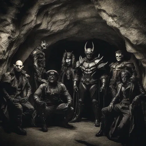 Prompt: Demonic League of Fallen Superheros, meeting in a cave. Steampunk. Photo reaistic with sinister overtone.