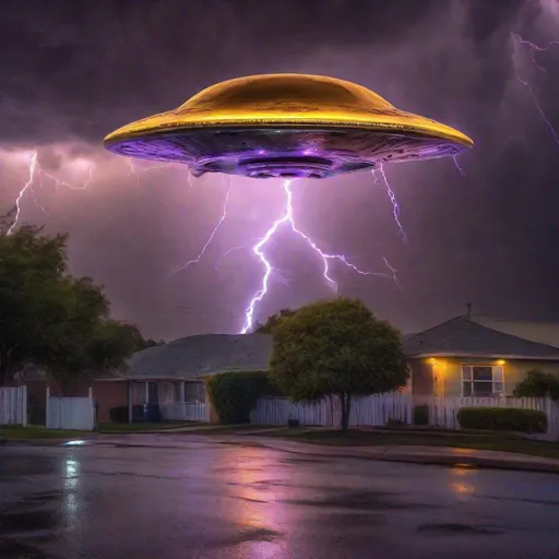 Prompt: A spectacular thunderstorm with a UFO inside of it & iridescent gold, silver, copper, bronze & metallic purple & obsidian acrylic colors. Professional photography, bokeh, ultra quality, 8k resolution holographic astral cosmic, natural lighting, canon lens, shot on dslr 64 megapixels sharp focus intricate details, HDR, beautifully shot, hyperrealistic, sharp focus, 64 megapixels, perfect composition, high contrast, cinematic, atmospheric, acrylic, high contrast, colorful polychromatic, ultra detailed, 