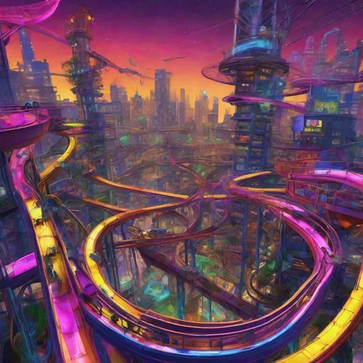 Prompt: An alien cityscape with highrise buildings connected  & bridged by a haphazard, tangled patchwork nest winding skyways, twisting pedestrian tube-spans, & looping, winding, & swerving tracks for coaster cars, all crisscrossed & cut by random, straight line chairlift & hang-on hooks for single riders. Steampunk, vibrant primary neon highlights, 3-D, intricate details, perfect focus, magic hour lighting, 