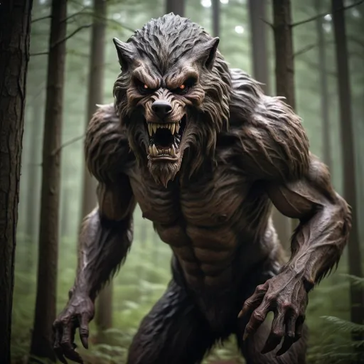 Prompt: Imagine a cinematic portrayal of a mythical encounter in the North American woods. A gigantic, 11-foot tall creature resembling a werewolf in its animal form, known as a Dogman, is being challenged by a slightly smaller 10-foot tall creature reminiscing Bigfoot. The Sasquatch-like beast should possess a distinctly human face, characterized by a hooded nose and sparse facial hair. Both entities are covered entirely with hair yet devoid of any garments. These stunning beings are captured in an atmospheric, moody mid-shot. The image should ideally be hyperrealistic with dramatic and intricate details, and a magnetizing aura of epic mastery. Please ensure sharp focus, 64-megapixels resolution, perfect composition with high contrast, and a color depth that brings out the grain and texture characteristic of a 35mm film shot on a V-Raptor XL, post-processed with a vignette effect, and color graded for artistic excellence.