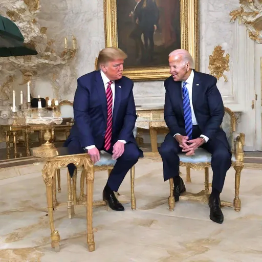 Prompt: Donald Trump & Joe Biden about to French kiss eachother.