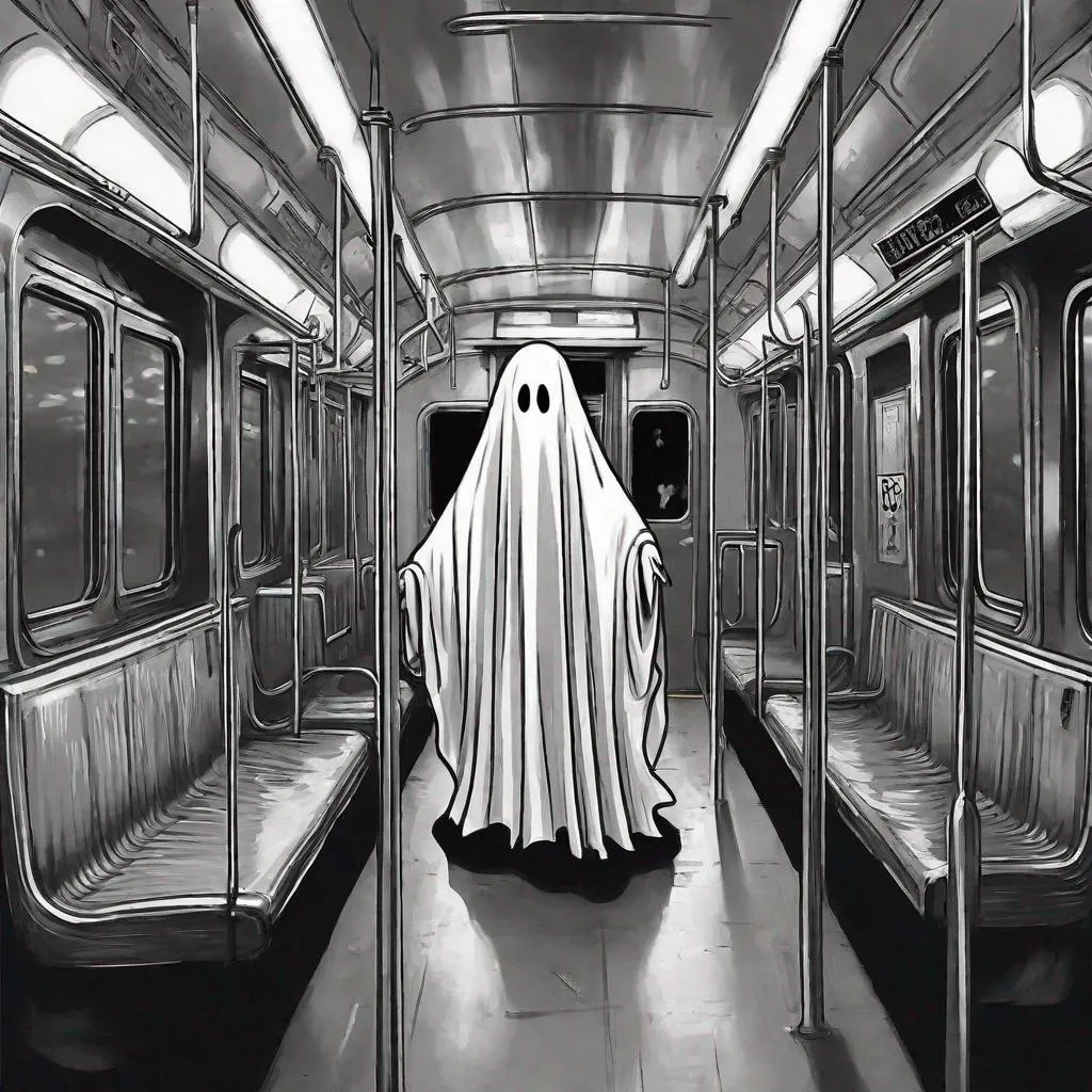 Prompt: A scary ghost flickers in & out of existence on a subway car.