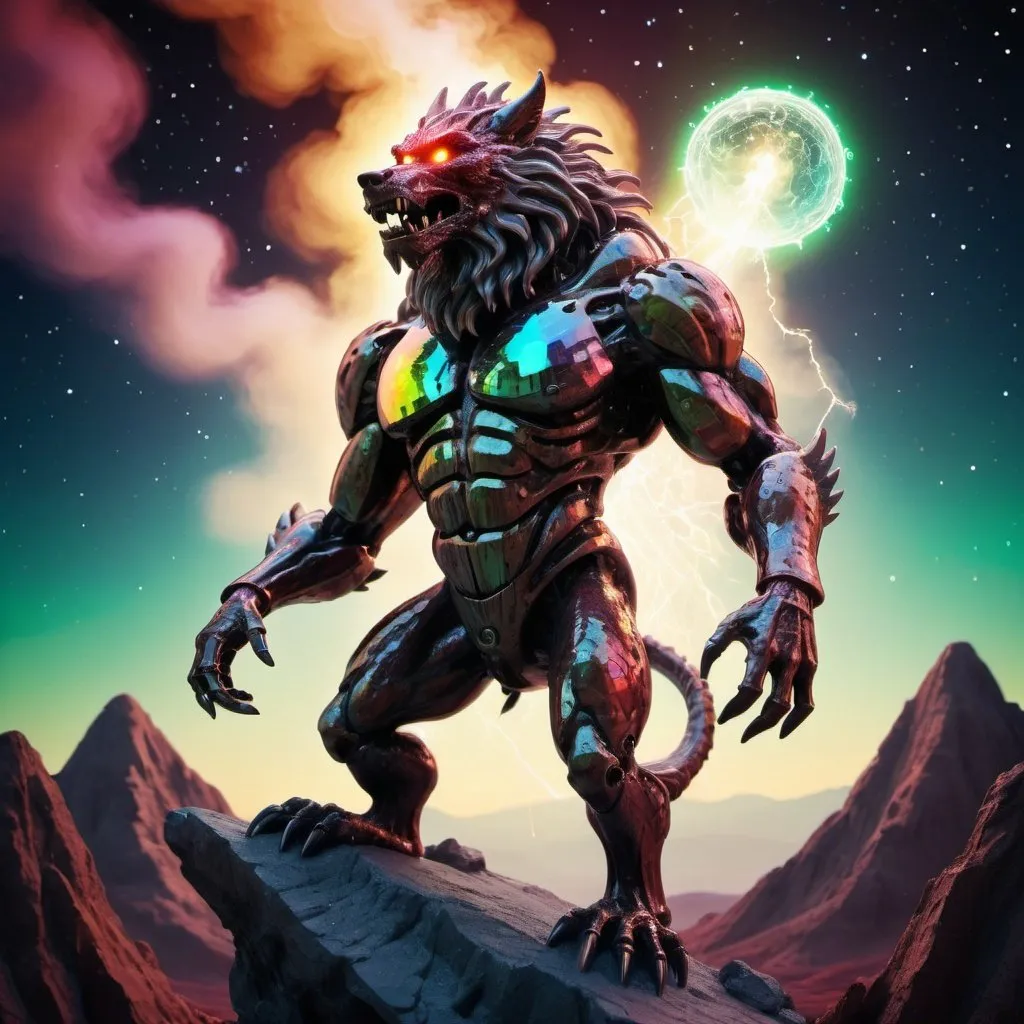 Prompt: A full body steampunk werewolf-dragon-bigfoot-demon hybrid cyborg creature standing on a bismuth-mountain under an electric-starscape with crackling electricity dancing everywhere. Steampunk, psychedelic, Iridescent acrylic, bismuth, 3D shading, dark fantasy, a storm of smoke, fractals, starscape, constellations, astrology, iridescent lightning, high astral cosmic illustration mixed media, acrylic, high contrast, colorful polychromatic, ultra detailed, art deco, colorful polychromatic, cinematic film still, intricate details, 8k resolution holographic astral cosmic illustration mixed media,dynamic lighting! super colorful polychromatic, blood red, onyx, bronze green, chrome, checkered hammered textures ultra quality. Hyperrealistic, concept art, mid shot, intricately detailed, color depth. vignette, color graded, post-processed, cinematic lighting, 35mm film, live-action, best quality, atmospheric, a masterpiece, epic, stunning, dramatic, busy background